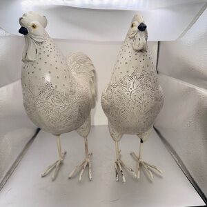 Decorative White and Black Rooster & Hen Figurines